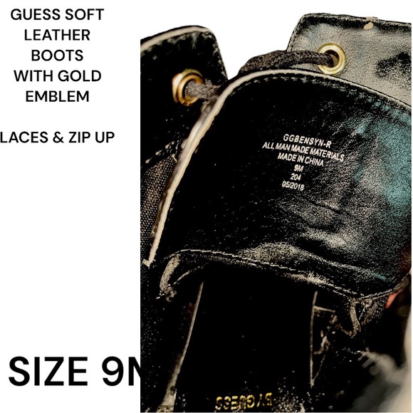 GUESS BRAND SOFT LEATHER ANKLE BOOTS-SIZE 9M-GOLD EMBLEM ON SIDES-ZIP UP AND TIE - Picture 11 of 16